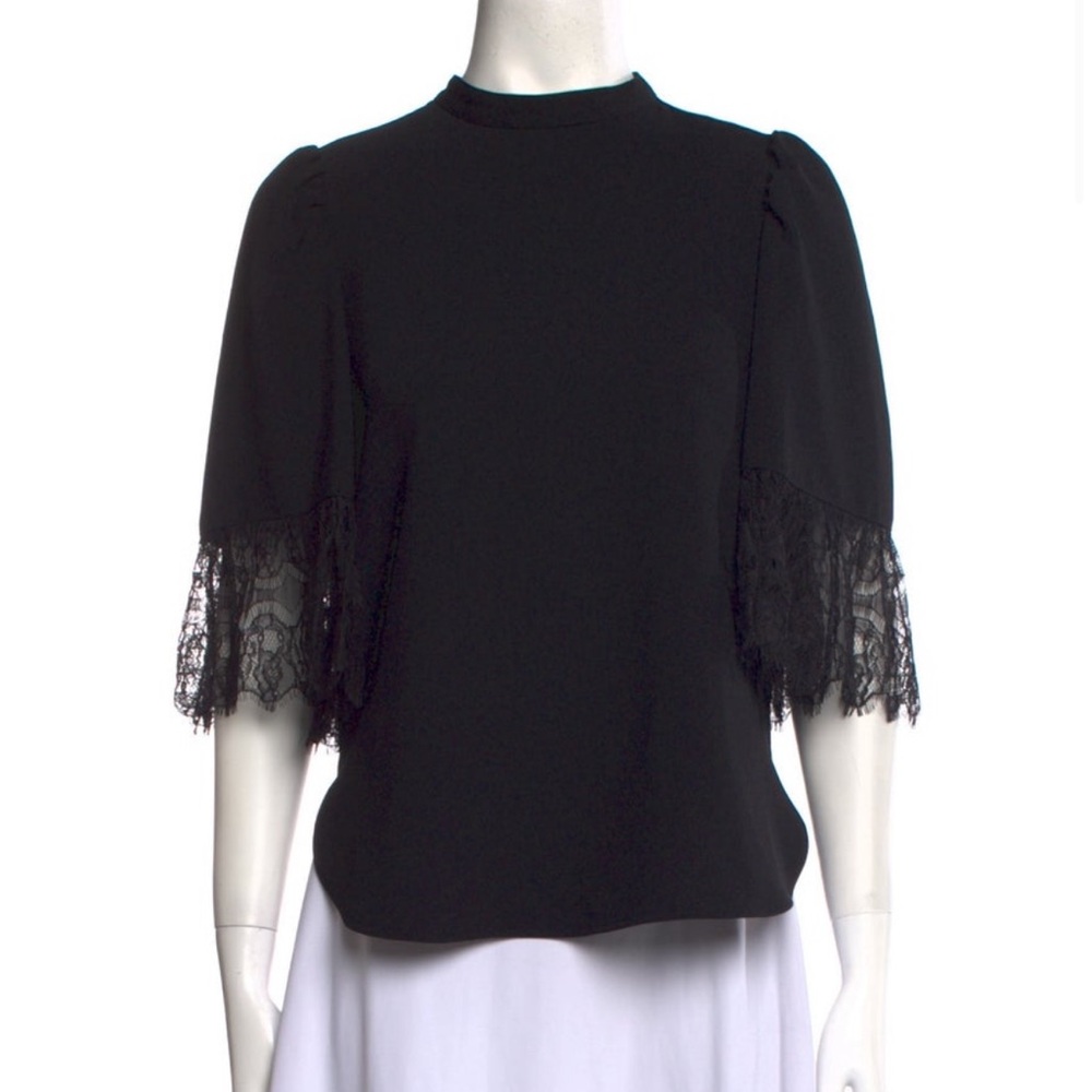 See By Chloe Black Mock Neck Lace Trim Three-Quarter-Sleeve Blouse Top size XS